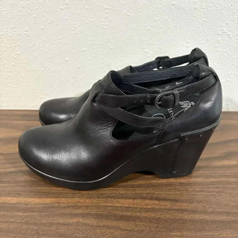 Dansko Franka Womens Sz 41‎ US 10.5 11 Strappy Wedge Clog Black Leather Bootie